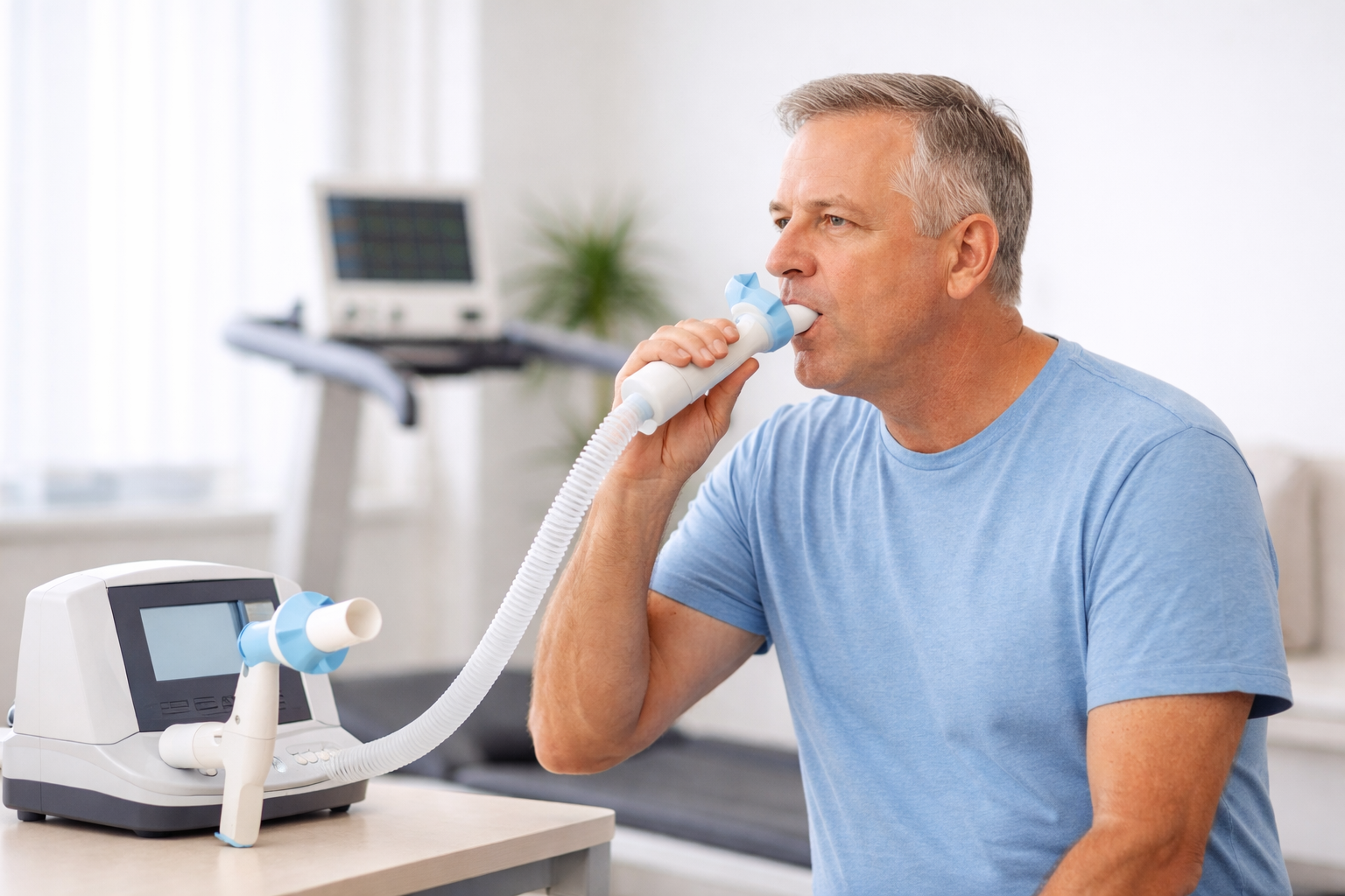 Man using a ventilator for respiratory therapy at Oaklawn Hospital.